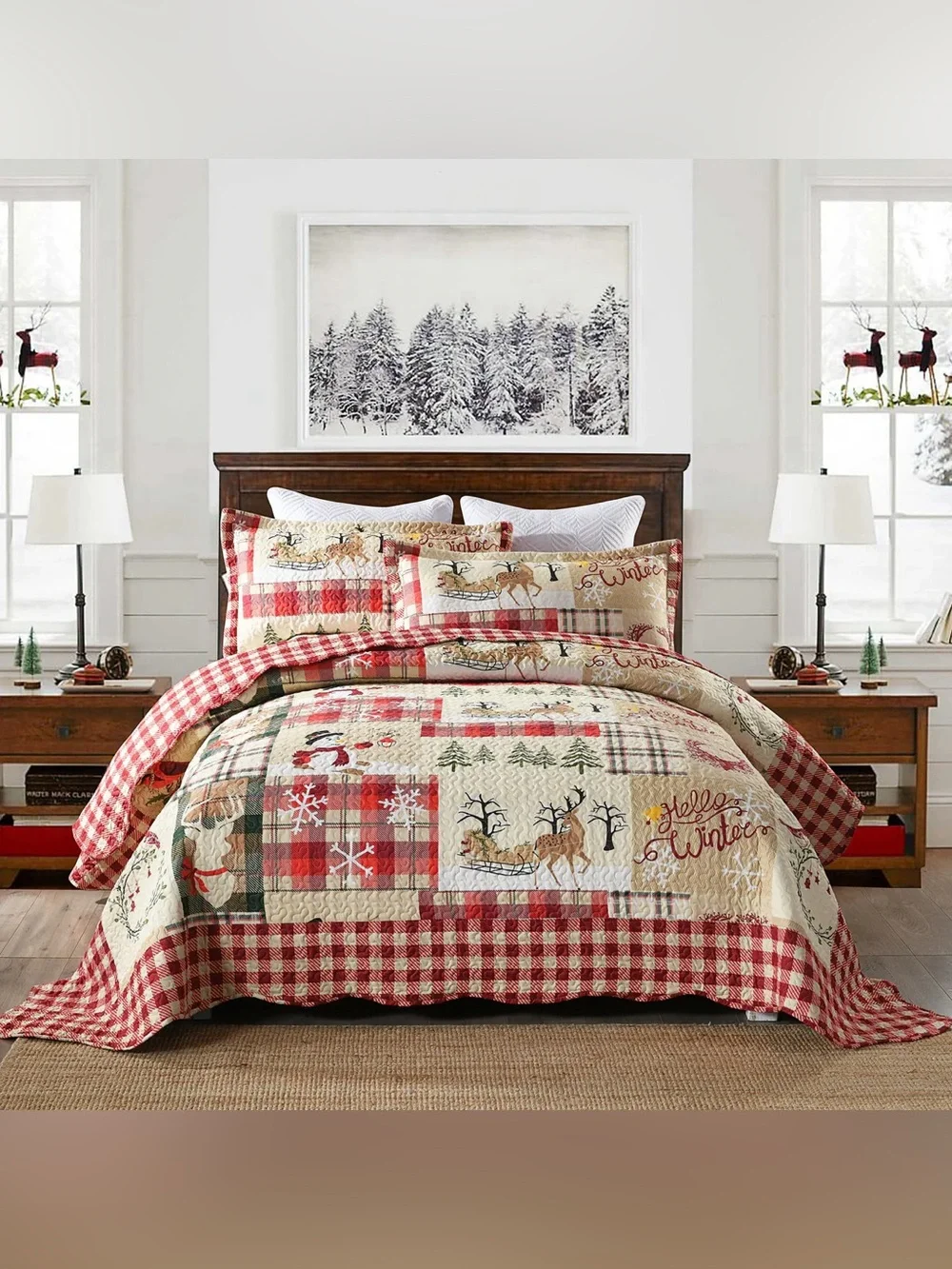 Rustic Winter Plaid Reversible Quilt Set - Red & Cream